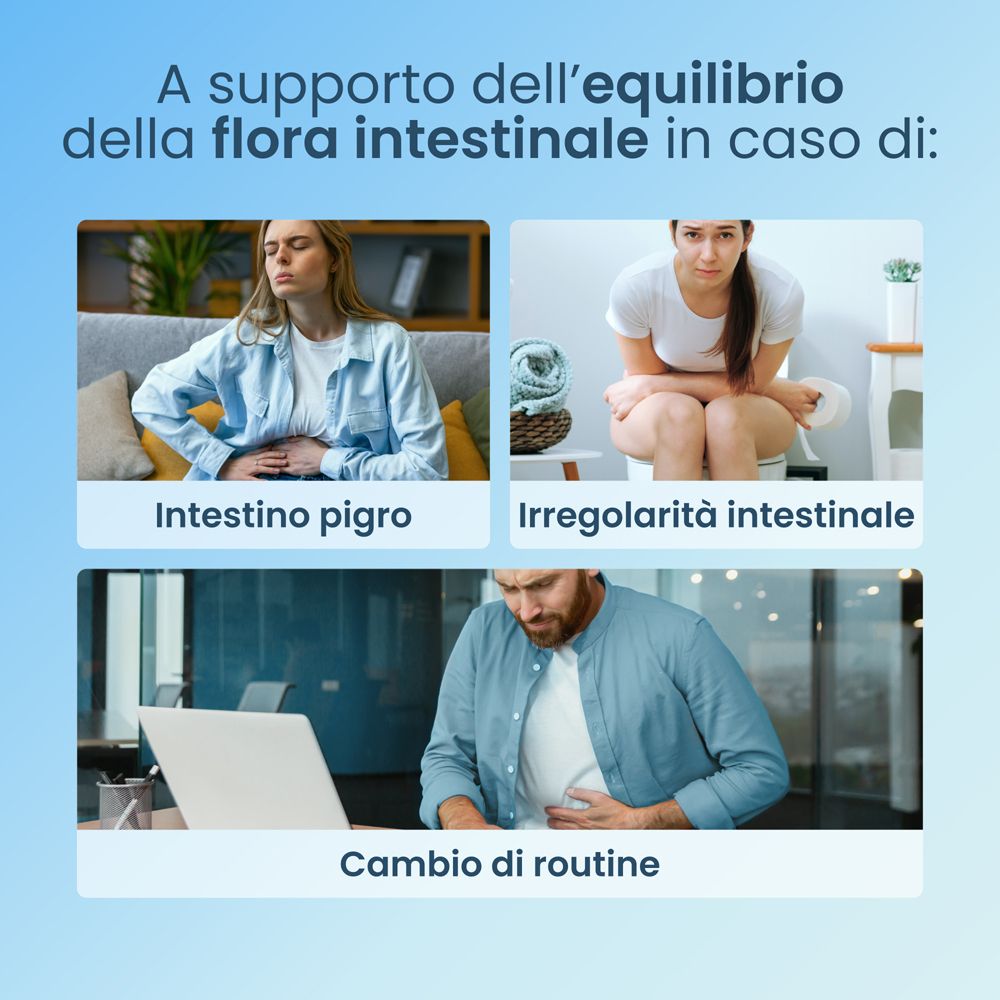 Tre immagini di persone. Testo: Intestino pigro, Irregularità intestinale, Cambio di routine.
