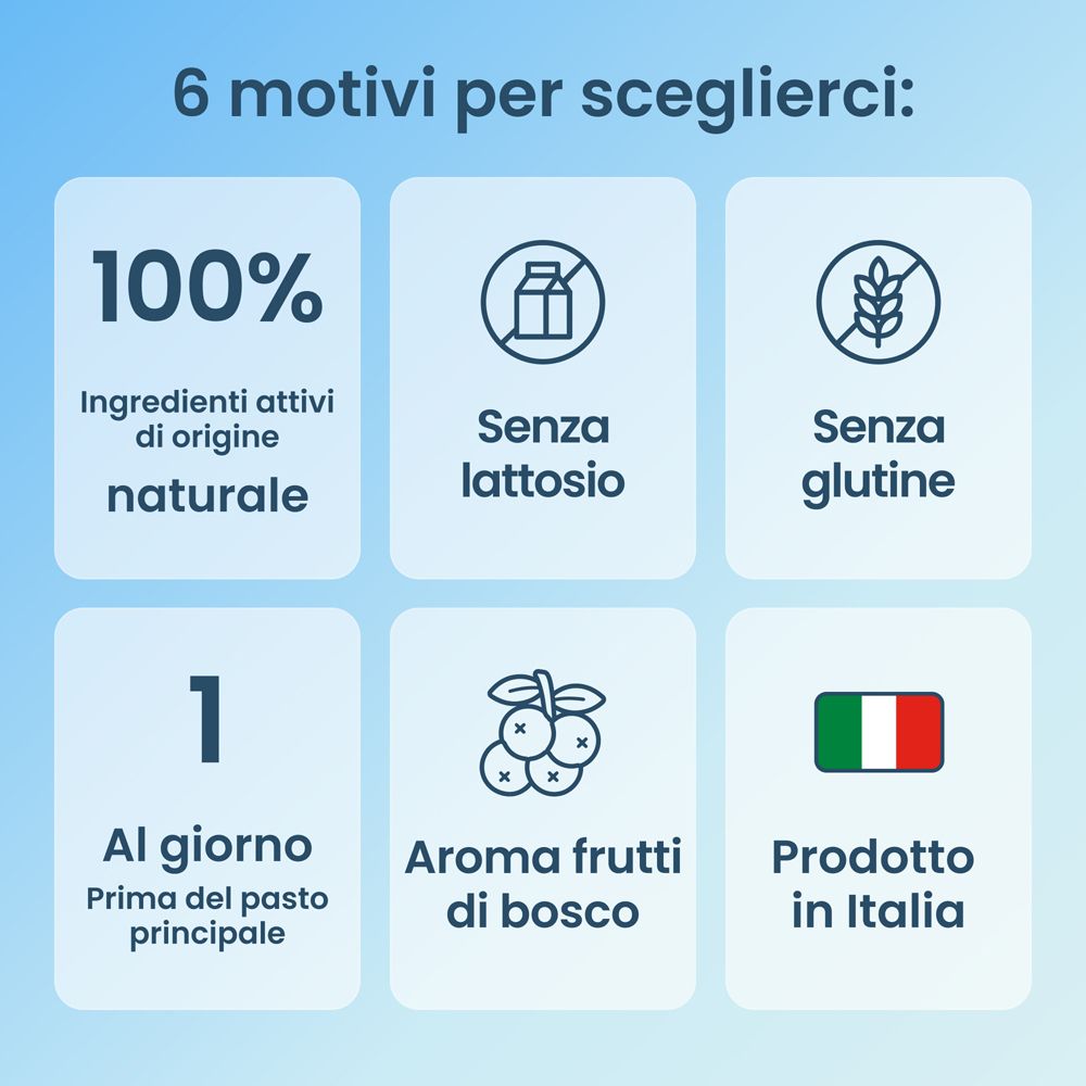 Sei icone. Testo: 100% ingredienti naturali, senza lattosio, senza glutine, 1 al giorno, aroma frutti di bosco, prodotto in Italia.