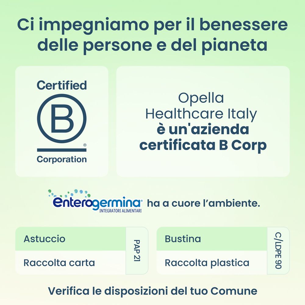 Certificazione B Corp. Testo: Opella Healthcare Italy è un'azienda certificata B Corp.