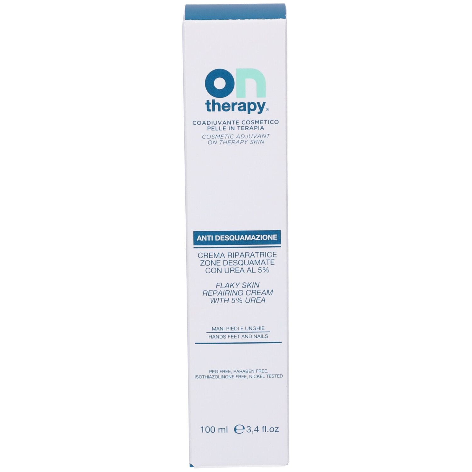 Weiße Schachtel mit blauem Deckel. Aufschrift: Ontherapy, Anti-Desquamation, Creme für schuppige Haut mit 5% Urea.