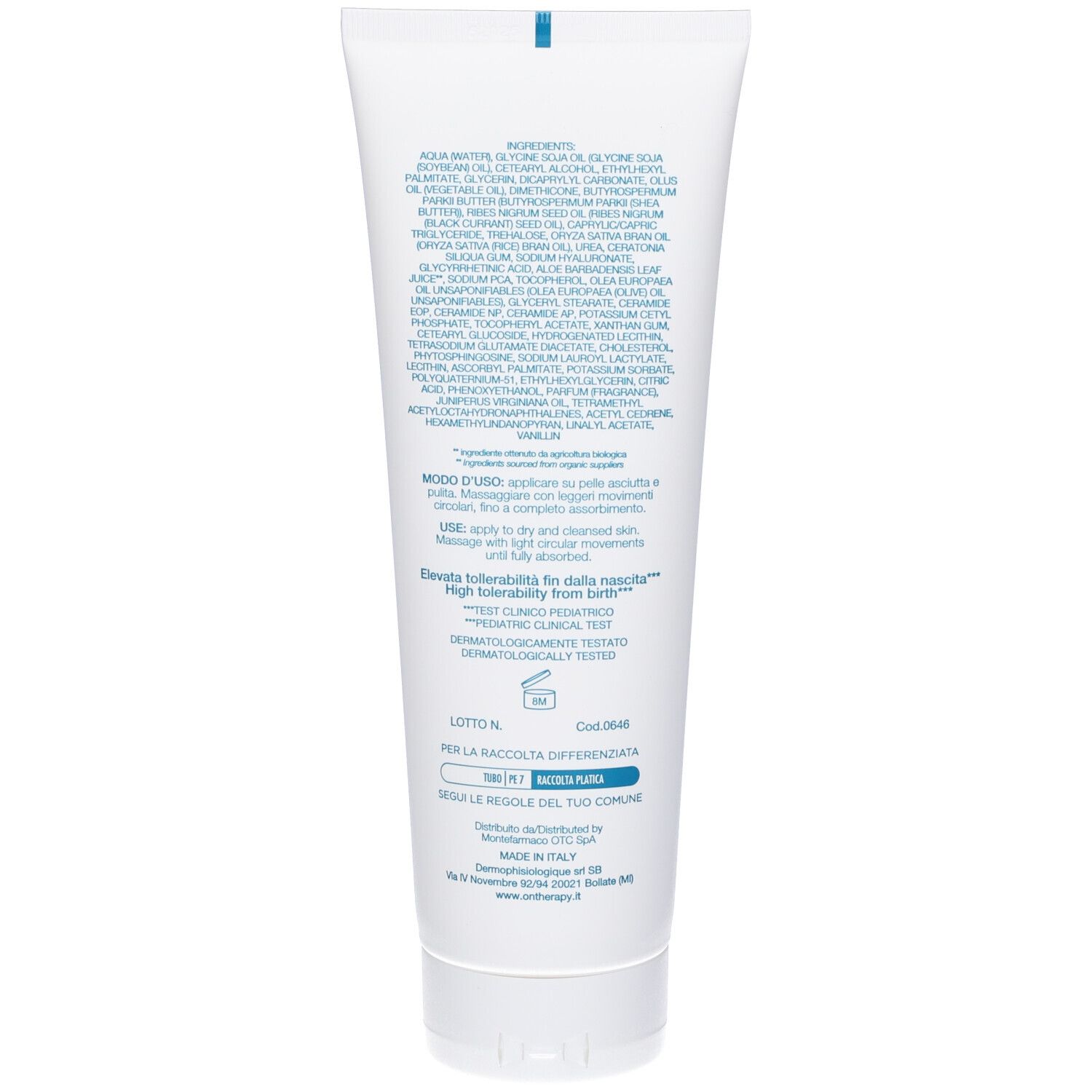 Rückseite einer weißen Tube. Text: Inhaltsstoffe, Anwendungshinweise. Dermatologisch getestet. Hohe Verträglichkeit ab Geburt.