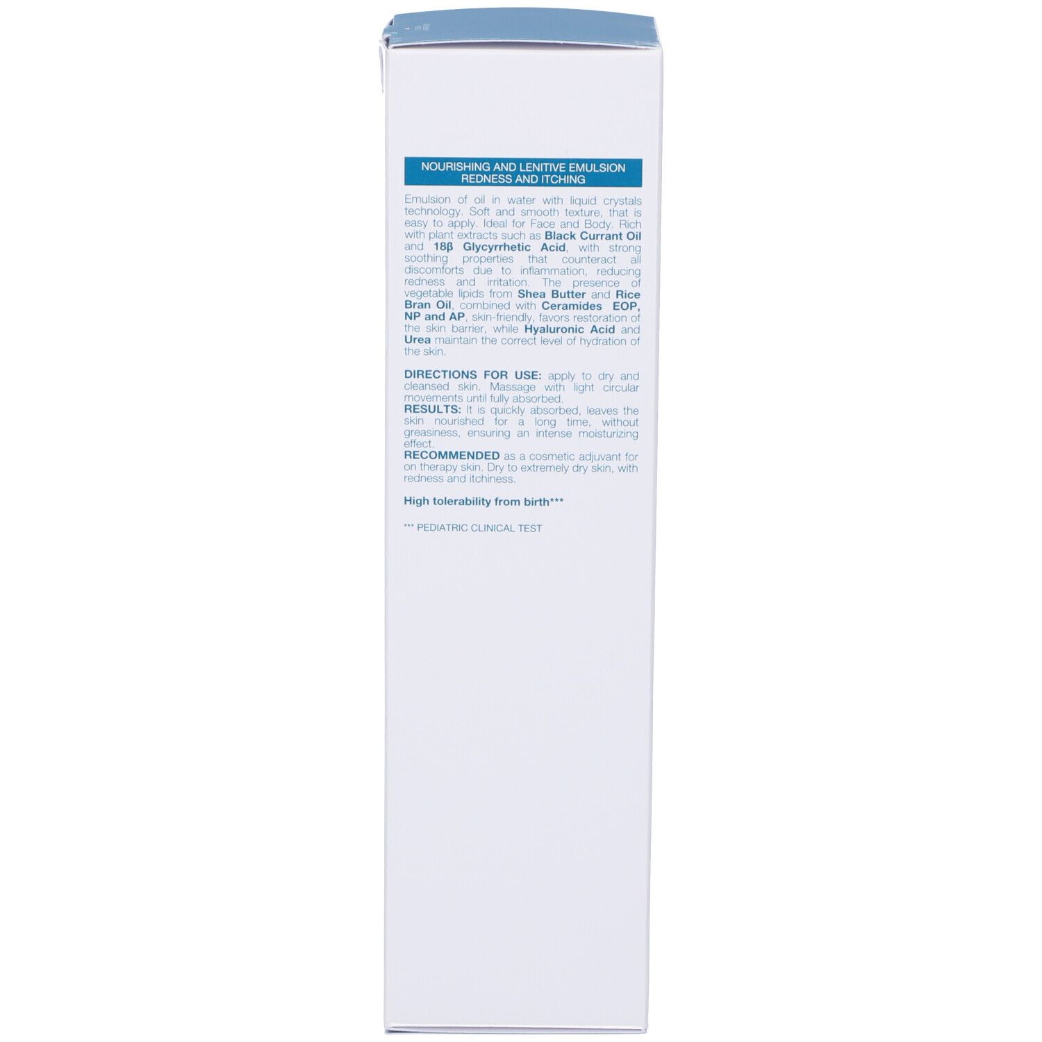 Weiße Produktverpackung. Text: Lenitivo, Emulsion für Rötungen und Juckreiz. Anwendungshinweise. Dermatologisch getestet.