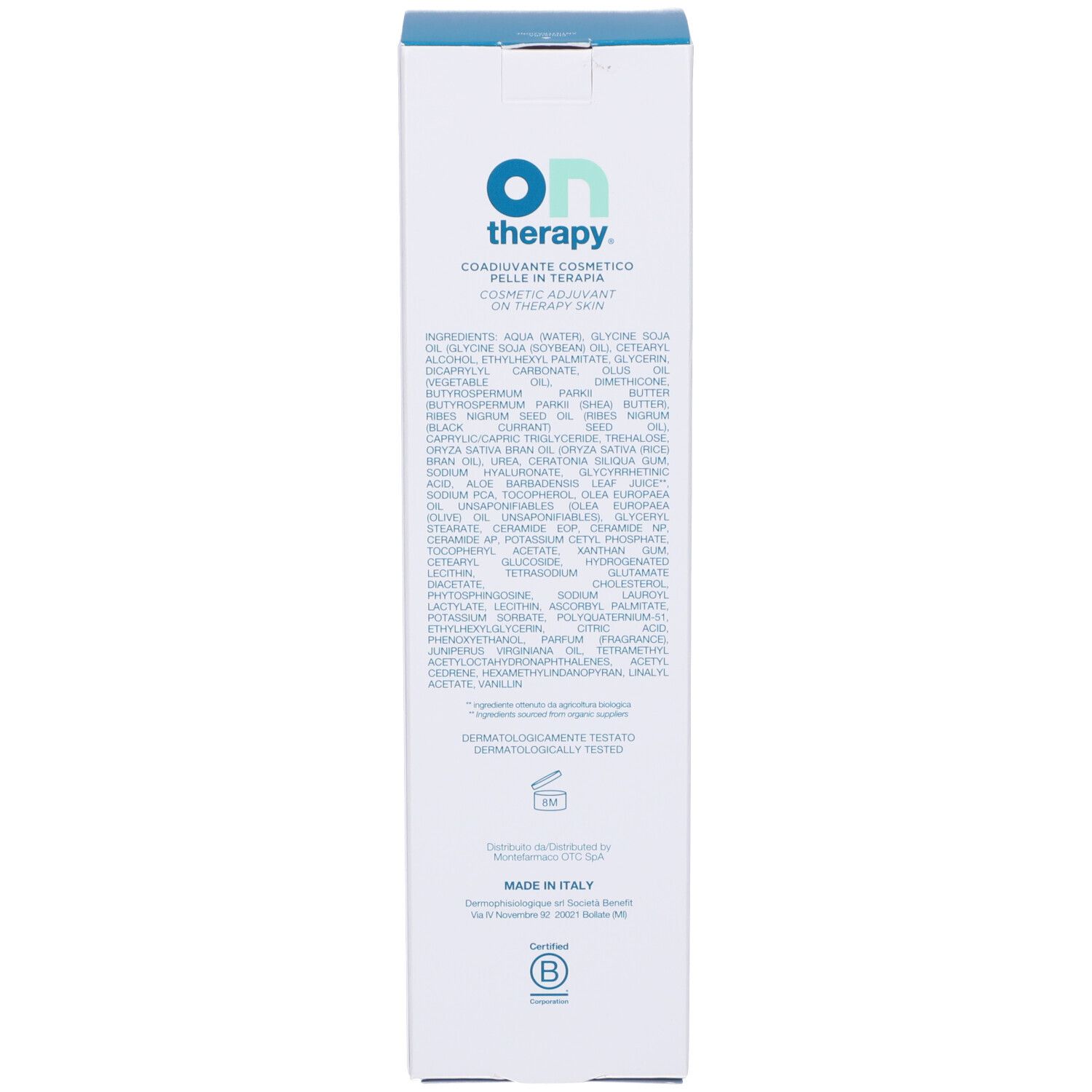 Weiße Produktverpackung. Text: Ontherapy, Inhaltsstoffe, dermatologisch getestet, Made in Italy, B-Siegel.