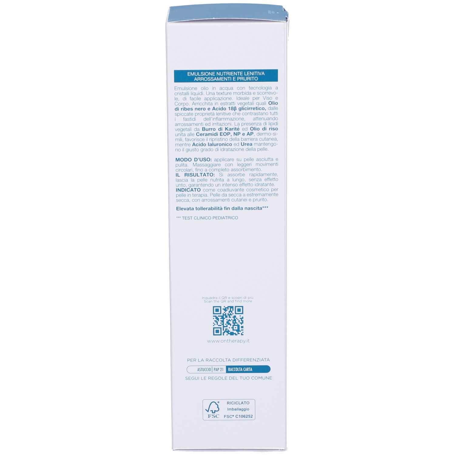 Weiße Produktverpackung. Text: Lenitivo, Emulsion für Rötungen und Juckreiz. Anwendungshinweise. Dermatologisch getestet.