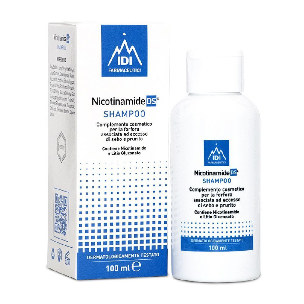 Weiße Flasche und Karton. Aufschrift: IDI, Nicotinamide DS Shampoo. 100 ml. Dermatologisch getestet.