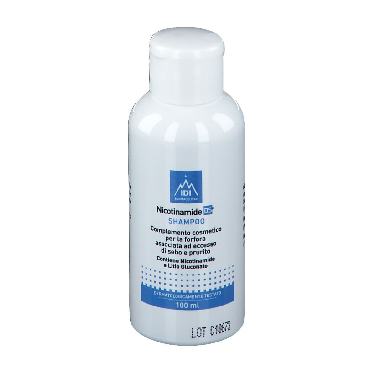 Weiße Flasche mit weißem Verschluss. Aufschrift: IDI, Nicotinamide DS Shampoo. 100 ml. Dermatologisch getestet.