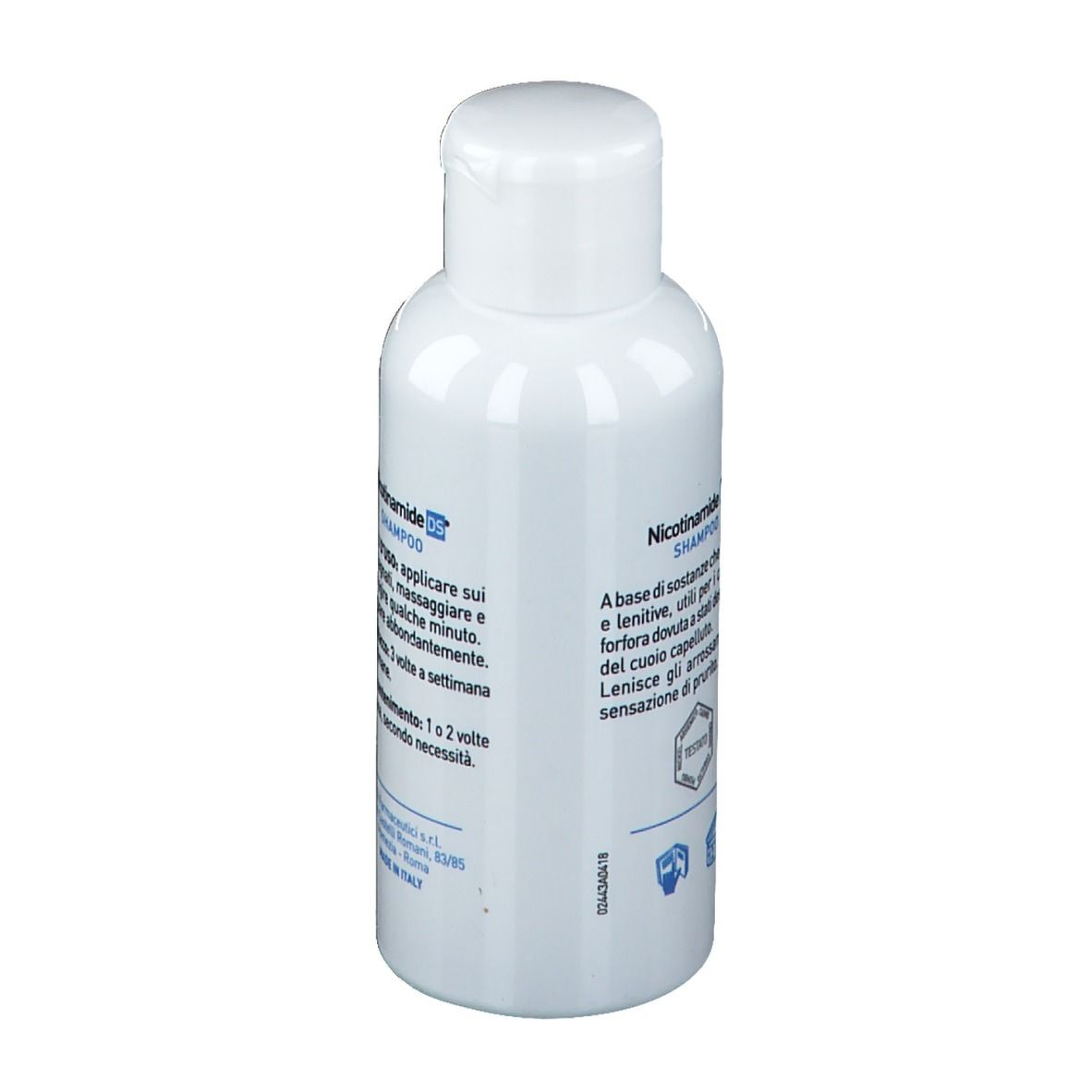 Rückseite der weißen Flasche. Text: Inhaltsstoffe. Hergestellt in Italien. Chargennummer.