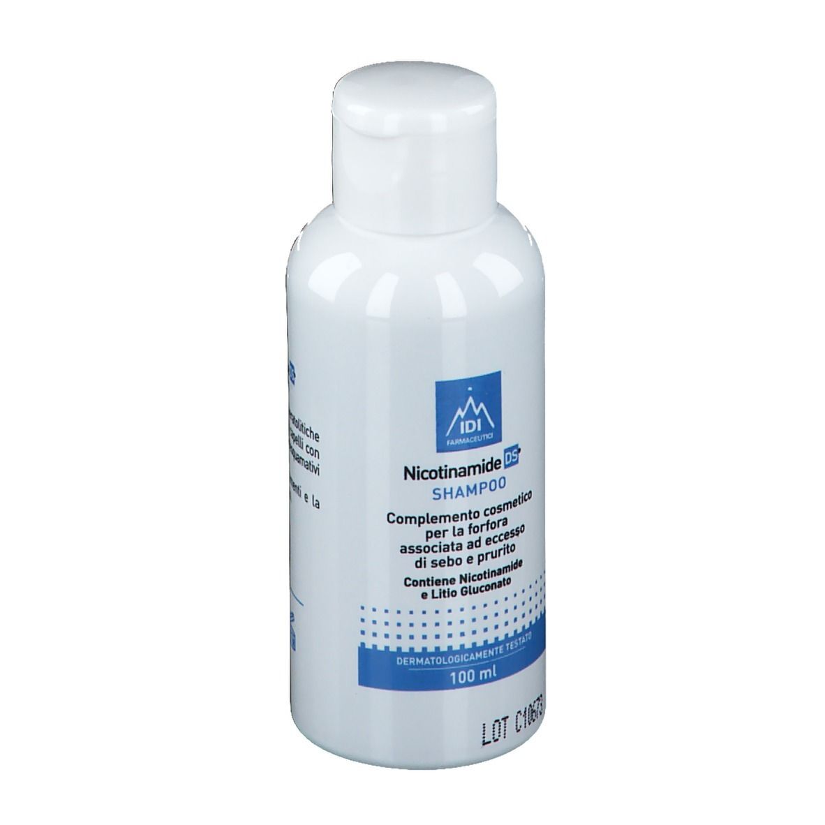 Weiße Flasche mit weißem Verschluss. Aufschrift: IDI, Nicotinamide DS Shampoo. 100 ml. Dermatologisch getestet.
