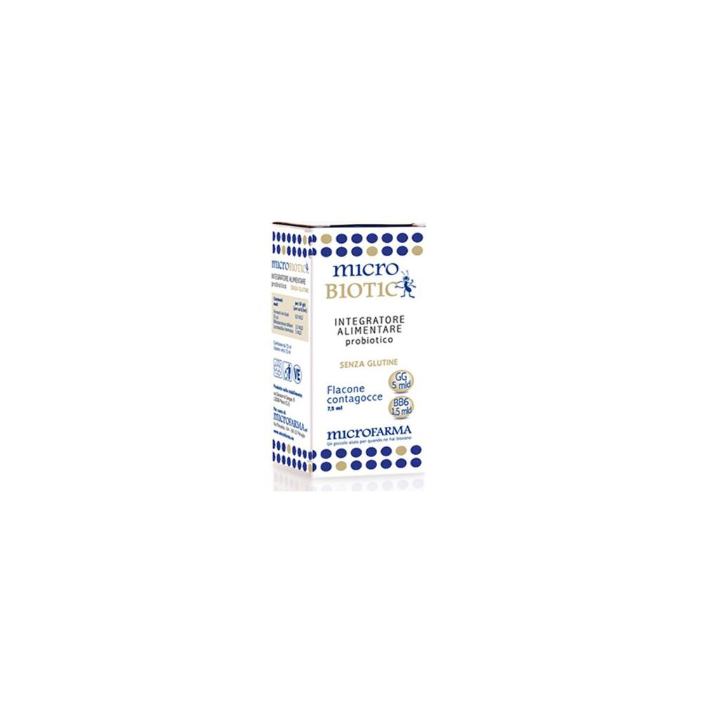 Scatola con nome e logo del prodotto. Punti blu e oro. Flacone da 7,5 ml. Senza glutine.