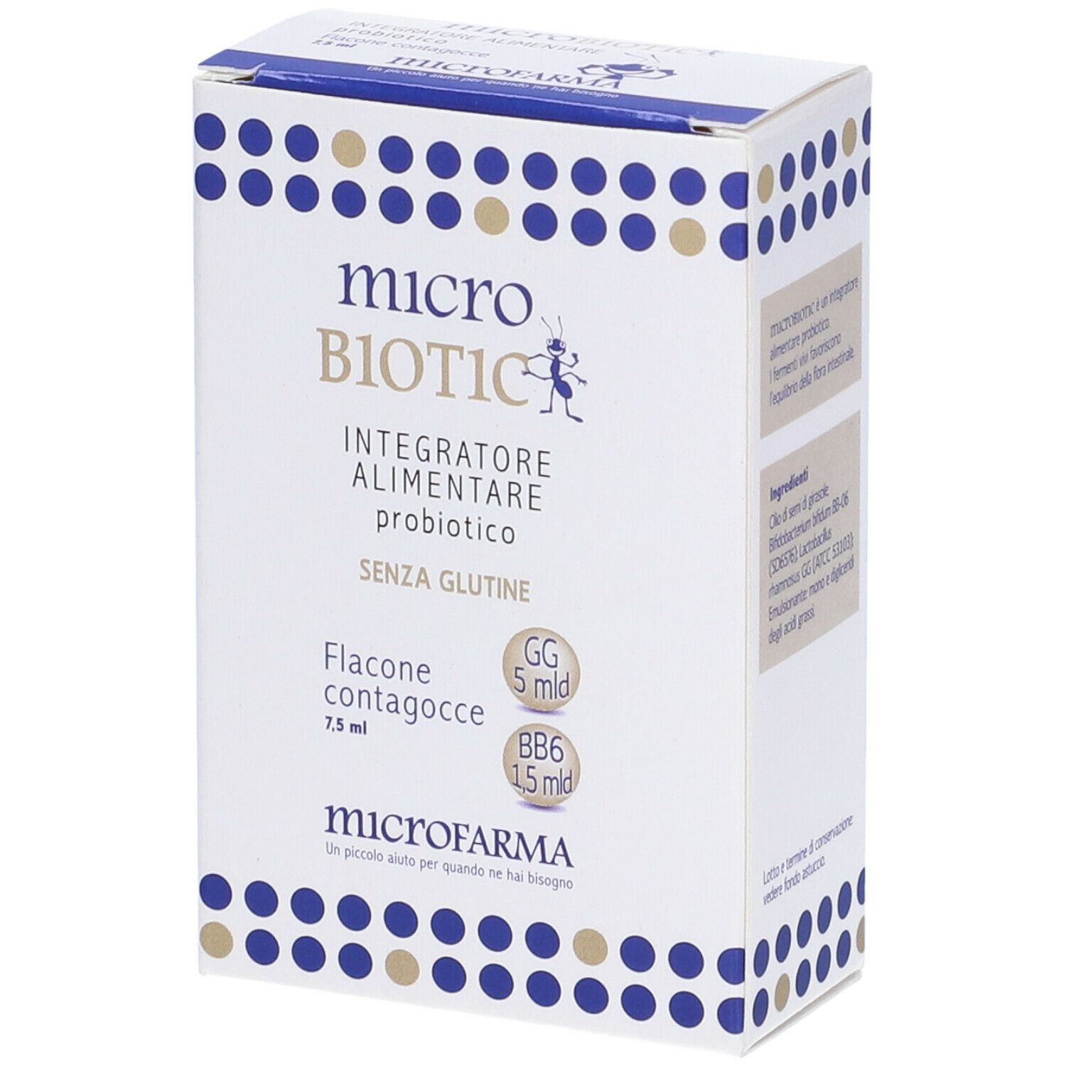 Confezione prodotto con logo e nome. Contiene 7,5 ml. Senza glutine. GG 5 mld, BB6 1,5 mld.