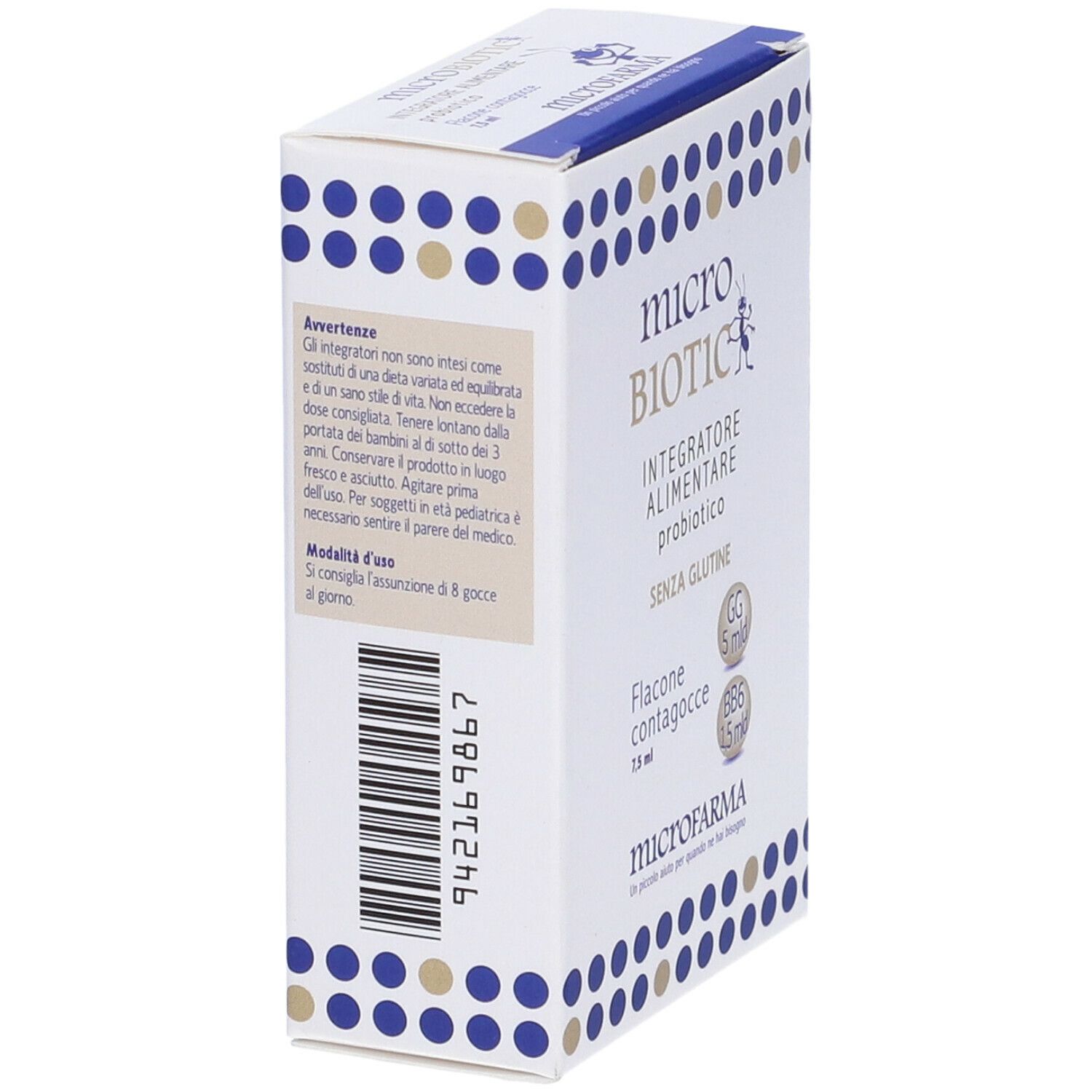 Confezione prodotto con logo e nome. Contiene 7,5 ml. Senza glutine. Codice a barre e avvertenze.