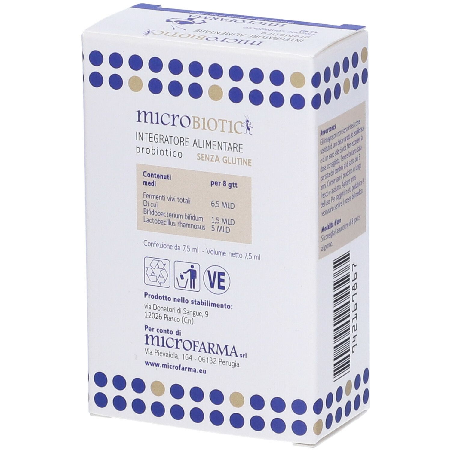 Confezione prodotto con logo e nome. Contiene 7,5 ml. Senza glutine. Ingredienti e dosaggio.