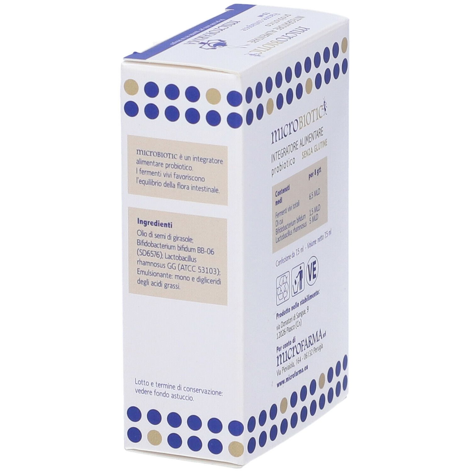 Confezione prodotto con logo e nome. Contiene 7,5 ml. Senza glutine. Ingredienti e produttore.