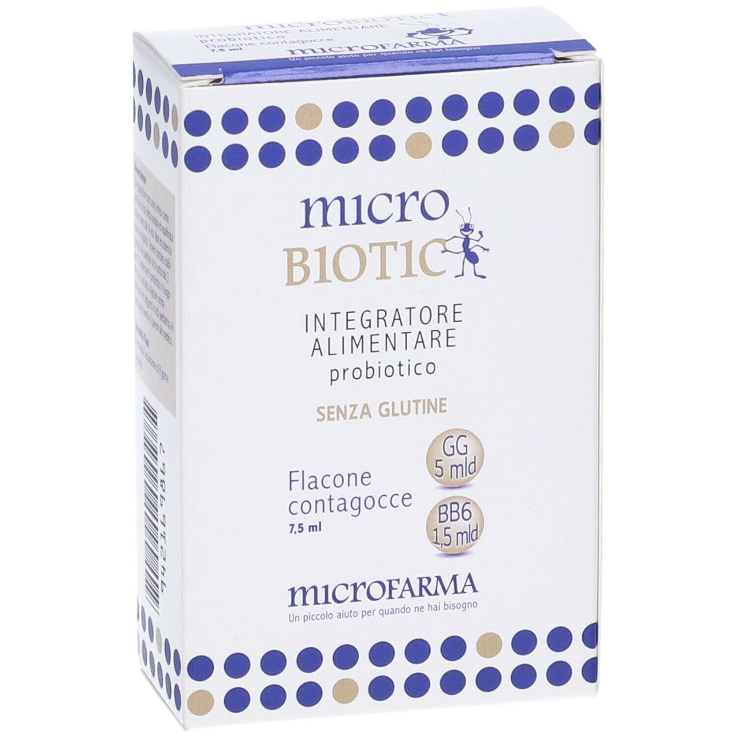 Confezione prodotto con logo e nome. Contiene 7,5 ml. Senza glutine. GG 5 mld, BB6 1,5 mld.