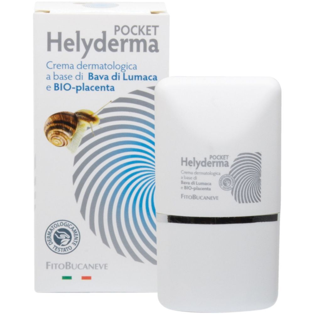 Confezione e scatola di crema bianca Helyderma. Sulla scatola è raffigurata una lumaca. Testo: Crema dermatologica a base di Bava di Lumaca.