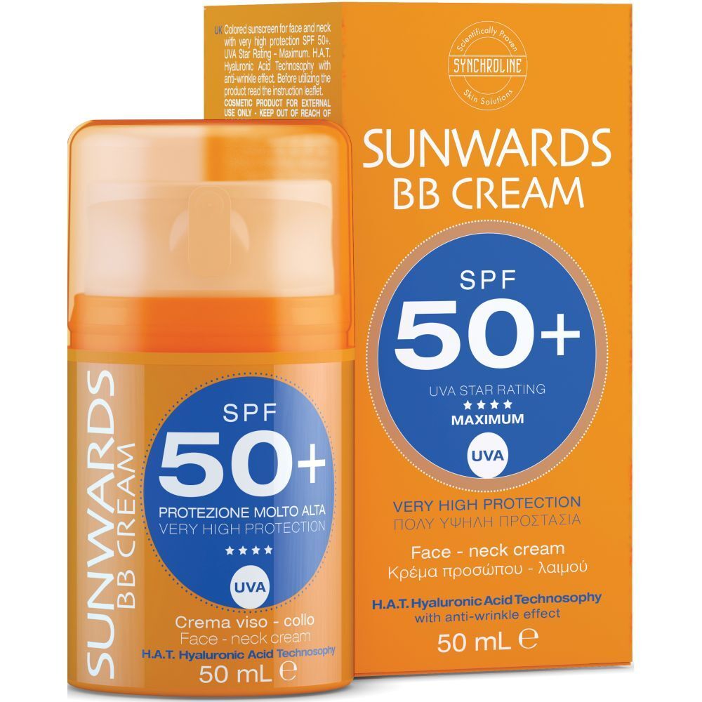 Flacone e confezione di crema solare. Flacone arancione con tappo giallo. Scritta: SPF 50+, Sunwards BB Cream.