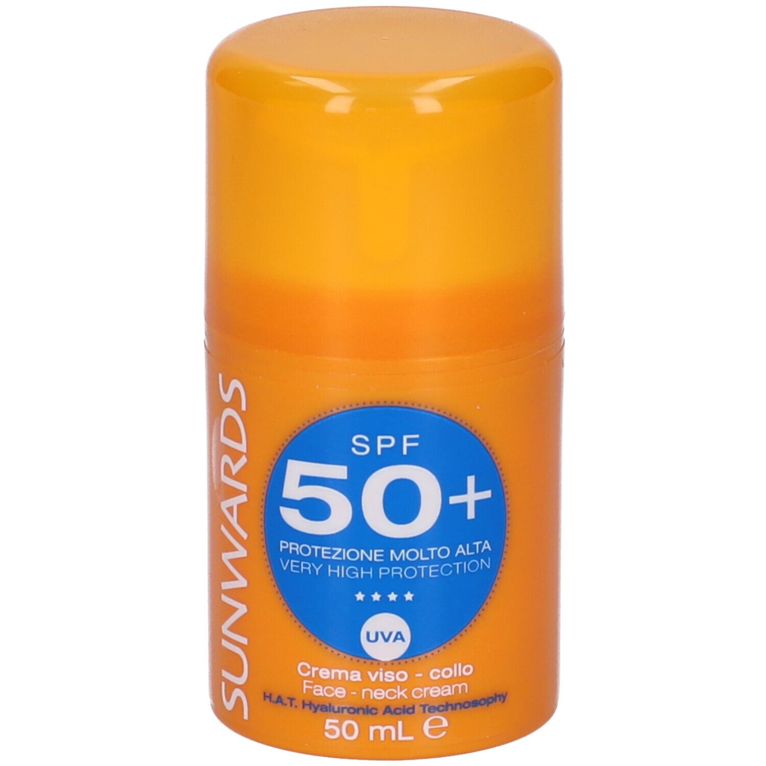 Flacone cilindrico arancione con tappo giallo. Scritta: SPF 50+, protezione molto alta.
