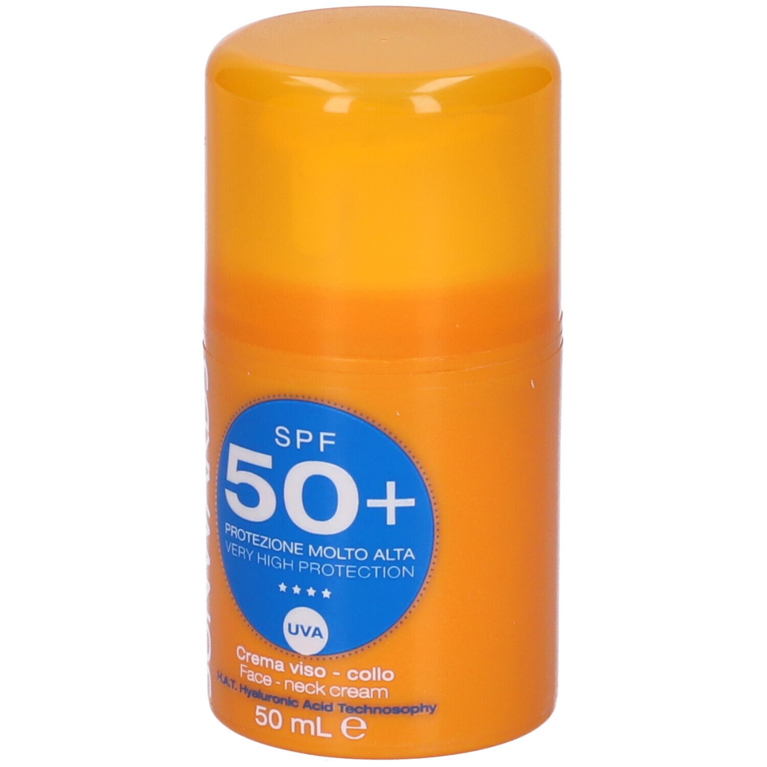 Flacone arancione con tappo giallo. Scritta: SPF 50+, protezione molto alta.