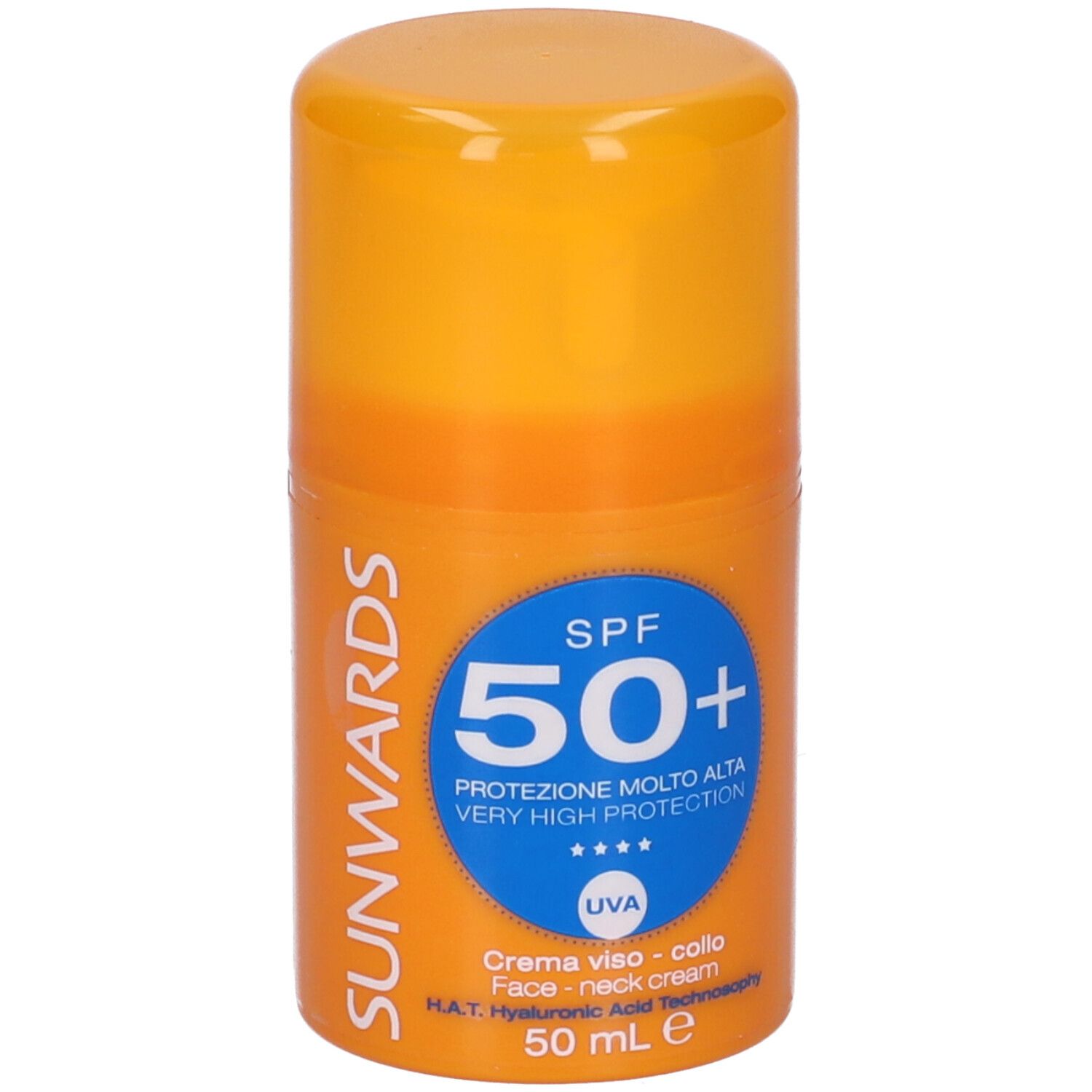 Flacone arancione con tappo giallo. Scritta: SPF 50+, Sunwards.