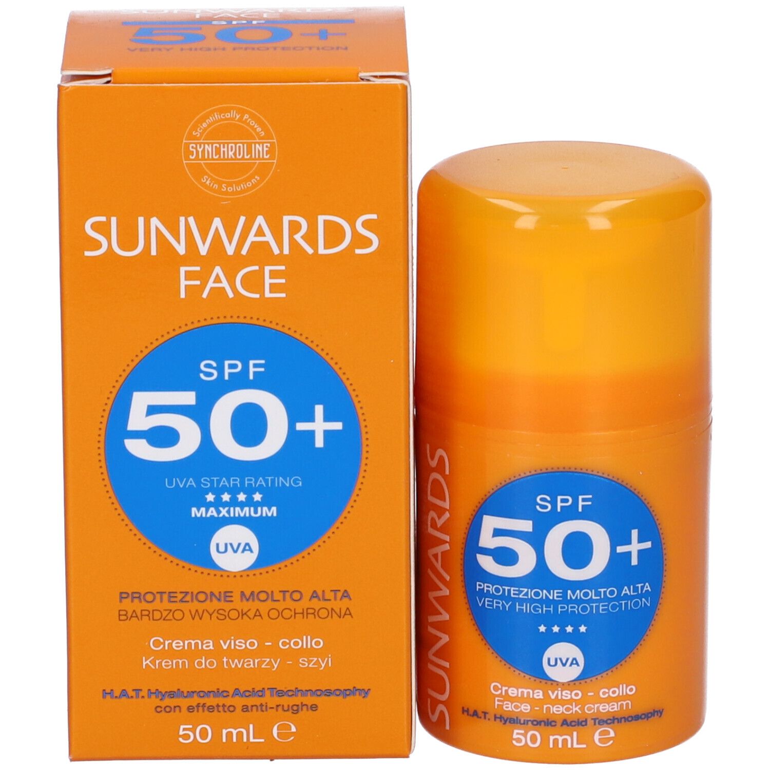 Flacone e confezione di crema solare. Flacone arancione con tappo giallo. Scritta: SPF 50+.