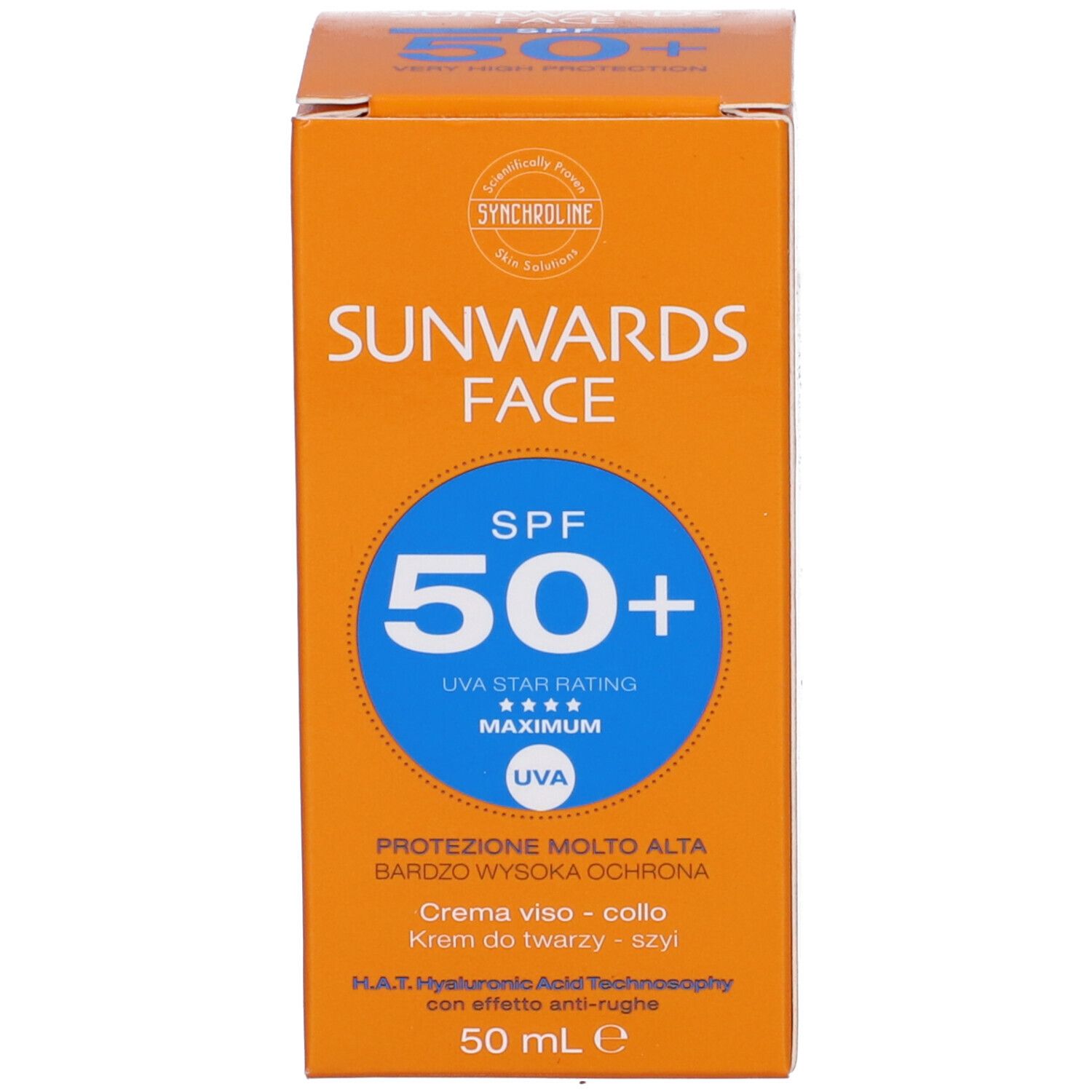 Confezione della crema solare. Scatola arancione con scritta: SPF 50+.