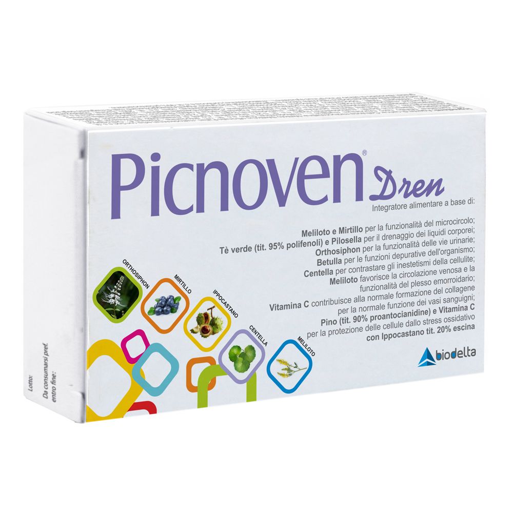 Scatola bianca con scritta viola Picnoven Dren. Quadrati colorati con illustrazioni di piante. Testo in italiano.