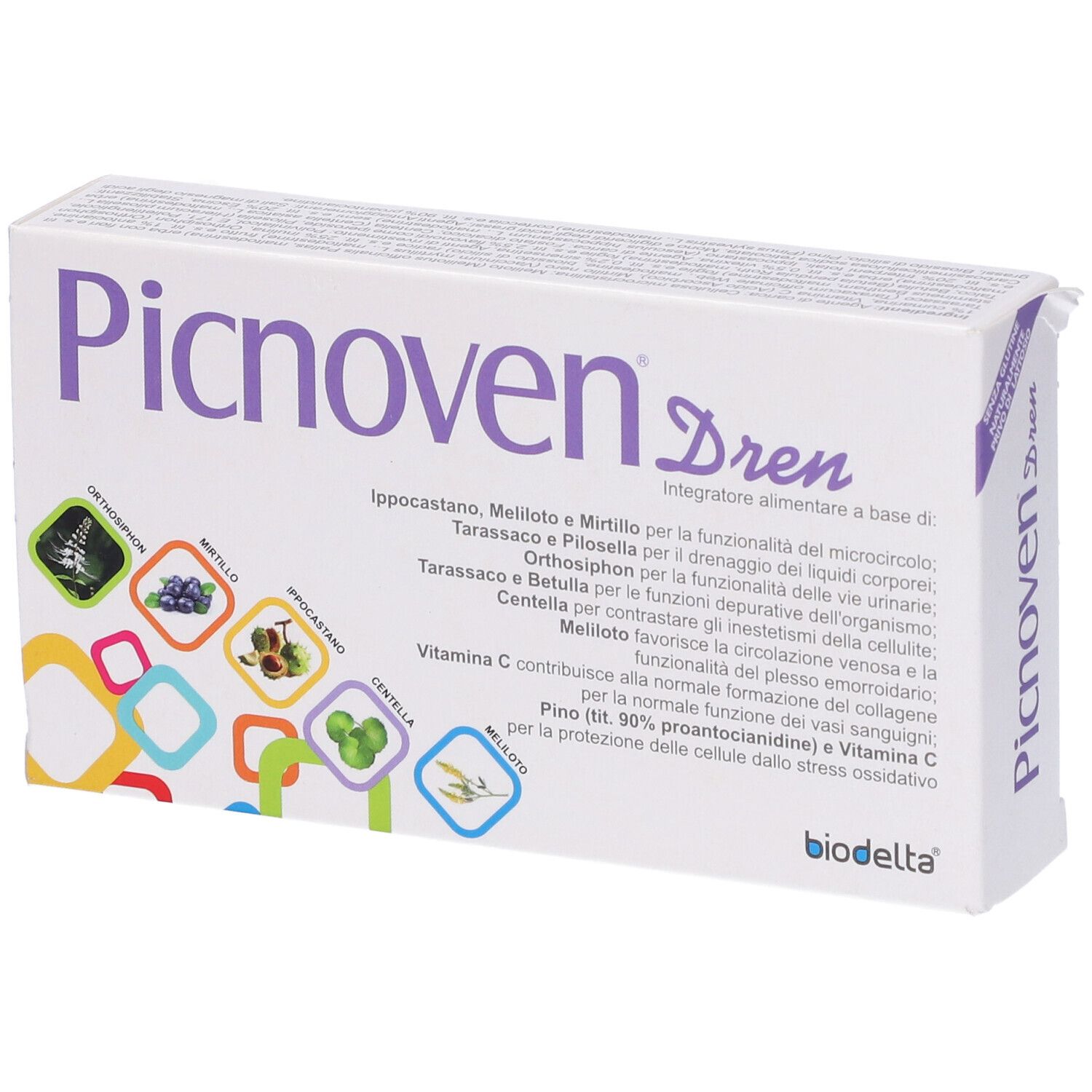 Scatola bianca con scritta viola Picnoven Dren. Testo in italiano. Illustrazioni di piante in quadrati colorati.