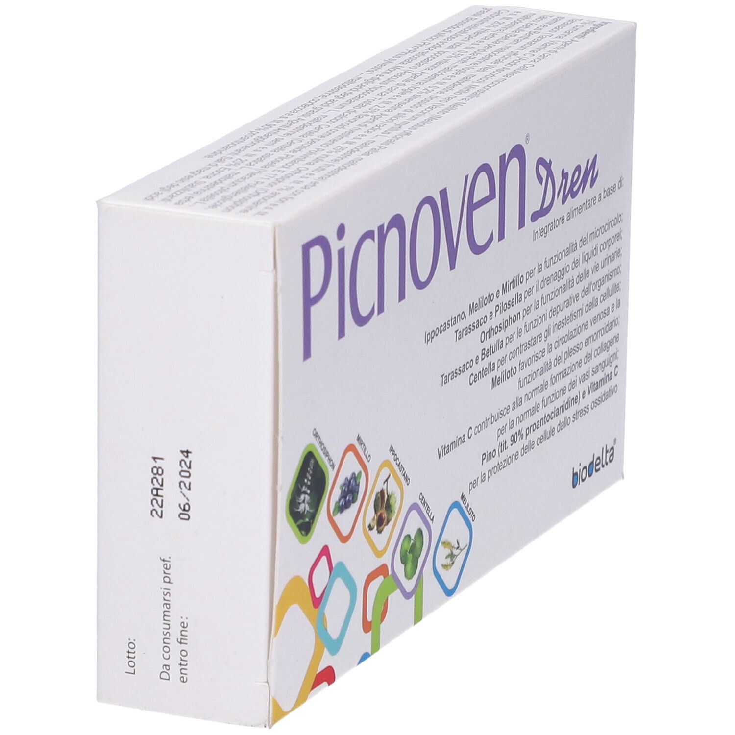 Scatola bianca con scritta viola Picnoven Dren. Testo in italiano. Sul lato: data 06/2024.