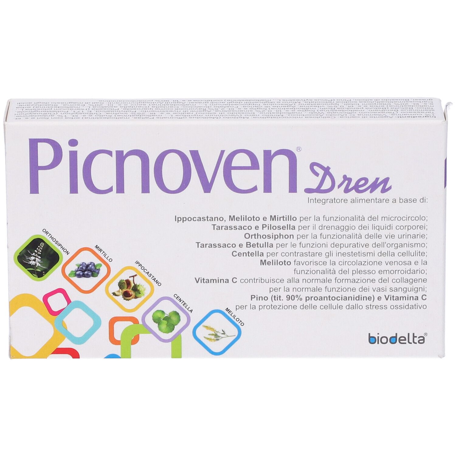 Scatola bianca con scritta viola Picnoven Dren. Testo in italiano. Quadrati colorati con illustrazioni di piante.