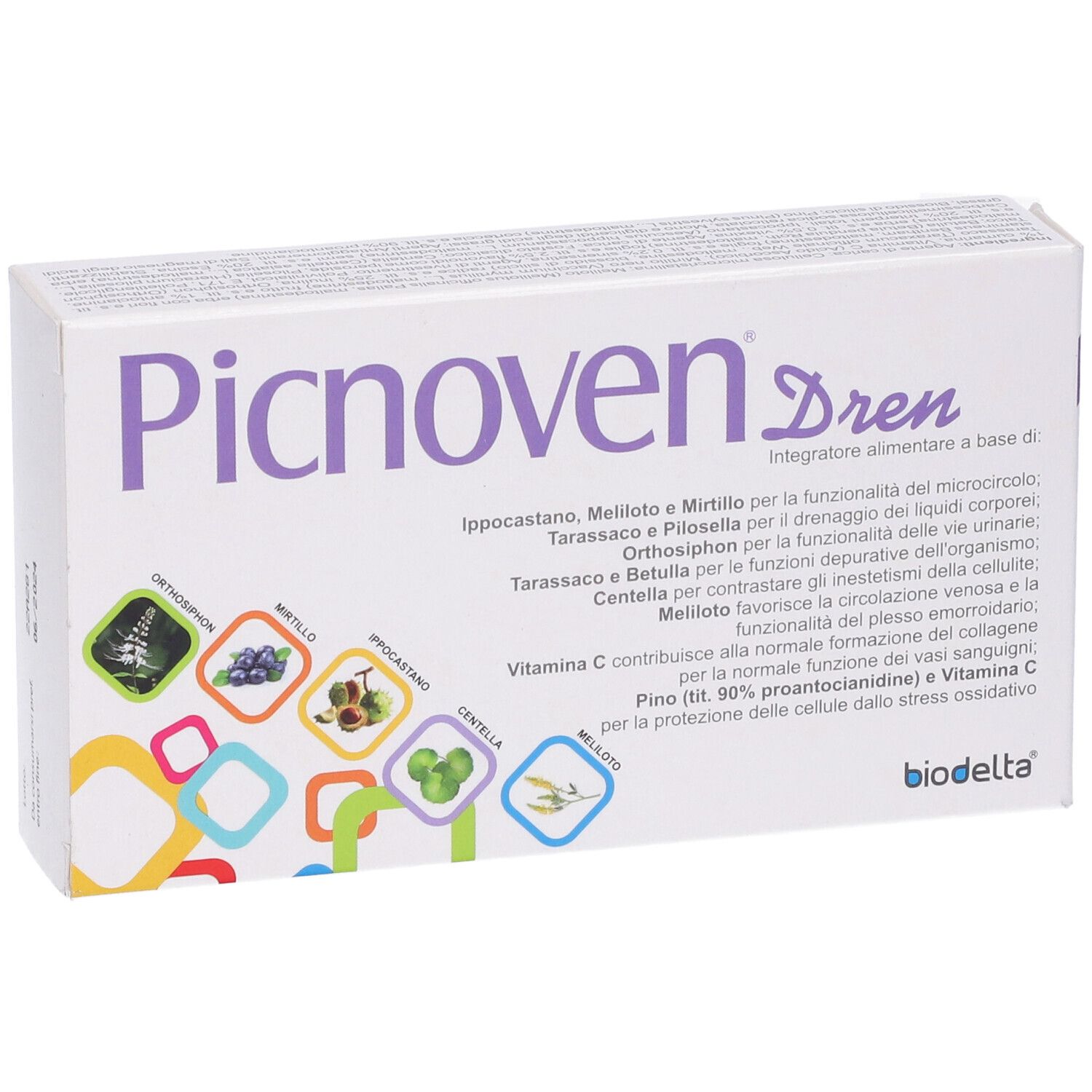 Scatola bianca con scritta viola Picnoven Dren. Testo in italiano. Quadrati colorati con illustrazioni di piante.