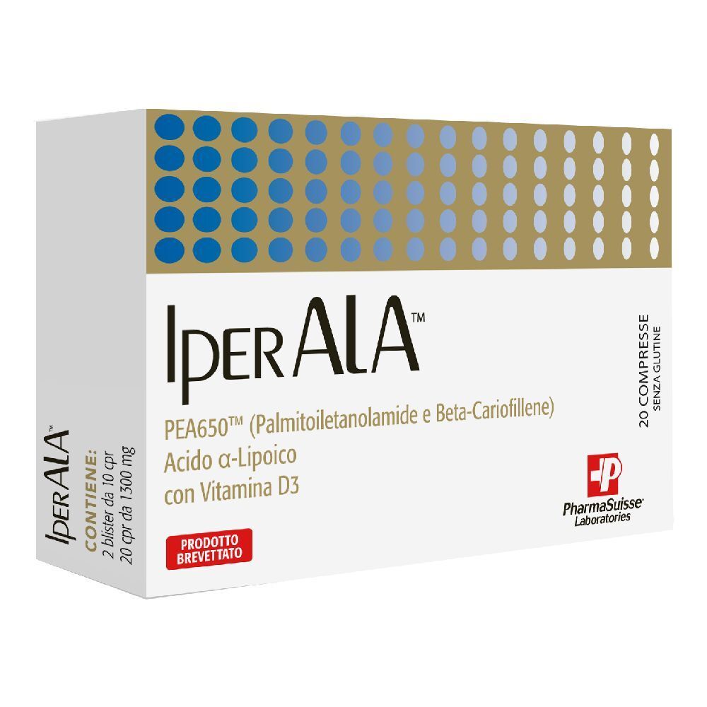 Scatola bianca con cerchi blu e strisce dorate. Scritta: IperALA, PEA650, Acido a-Lipoico, Vitamina D3. 20 compresse.