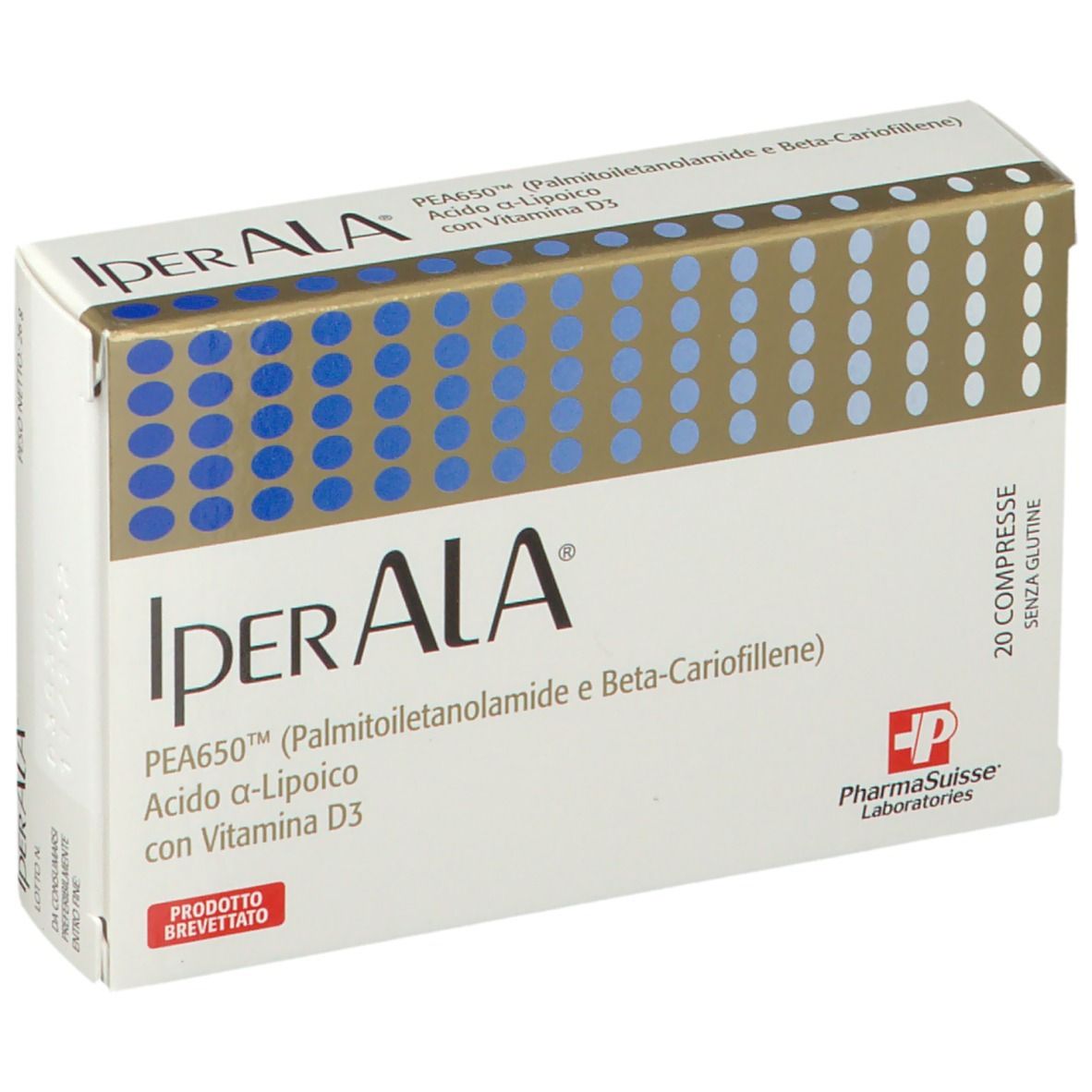 Scatola bianca con cerchi blu e strisce dorate. Scritta: IperALA, PEA650, Acido a-Lipoico, Vitamina D3. 20 compresse.