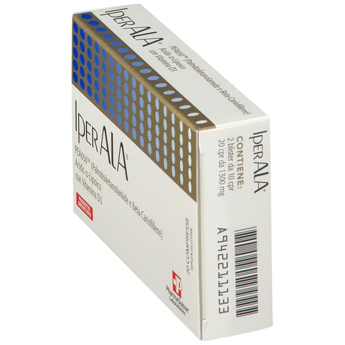 Scatola bianca con cerchi blu e strisce dorate. Scritta: IperALA, PEA650, Acido a-Lipoico, Vitamina D3. 20 compresse.