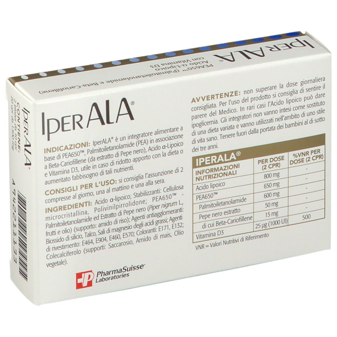 Scatola bianca, angolata. Scritta: IperALA, PEA650, Acido a-Lipoico, Vitamina D3. Retro con ingredienti e informazioni.