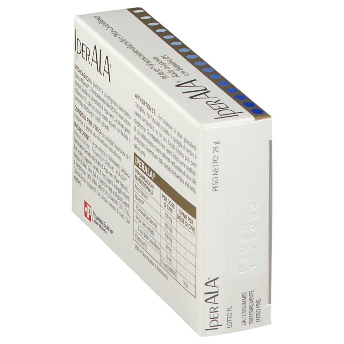 Scatola angolata. Scritta: IperALA, PEA650, Acido a-Lipoico, Vitamina D3. Retro con ingredienti e informazioni.