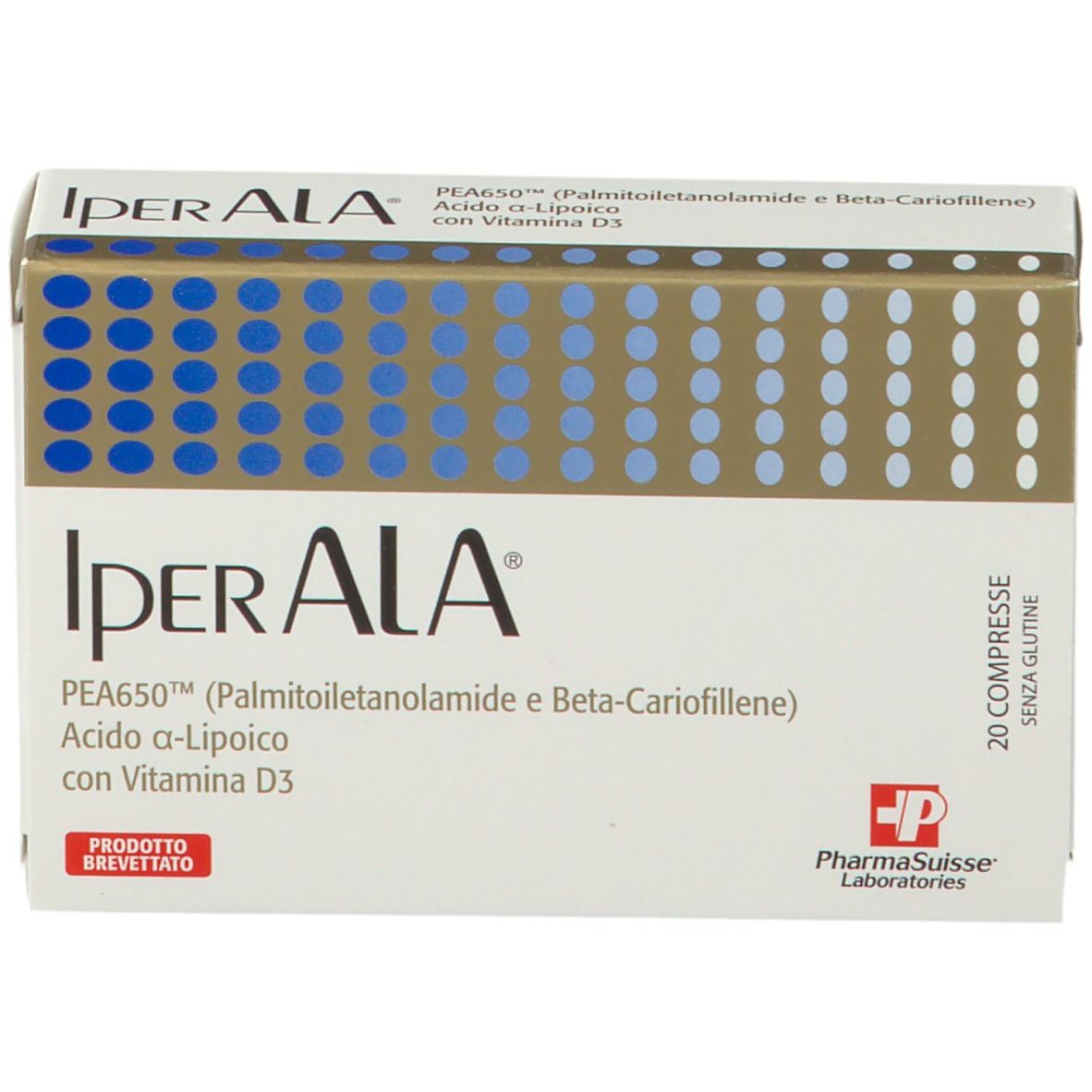 Scatola bianca con cerchi blu e strisce dorate. Scritta: IperALA, PEA650, Acido a-Lipoico, Vitamina D3. 20 compresse.