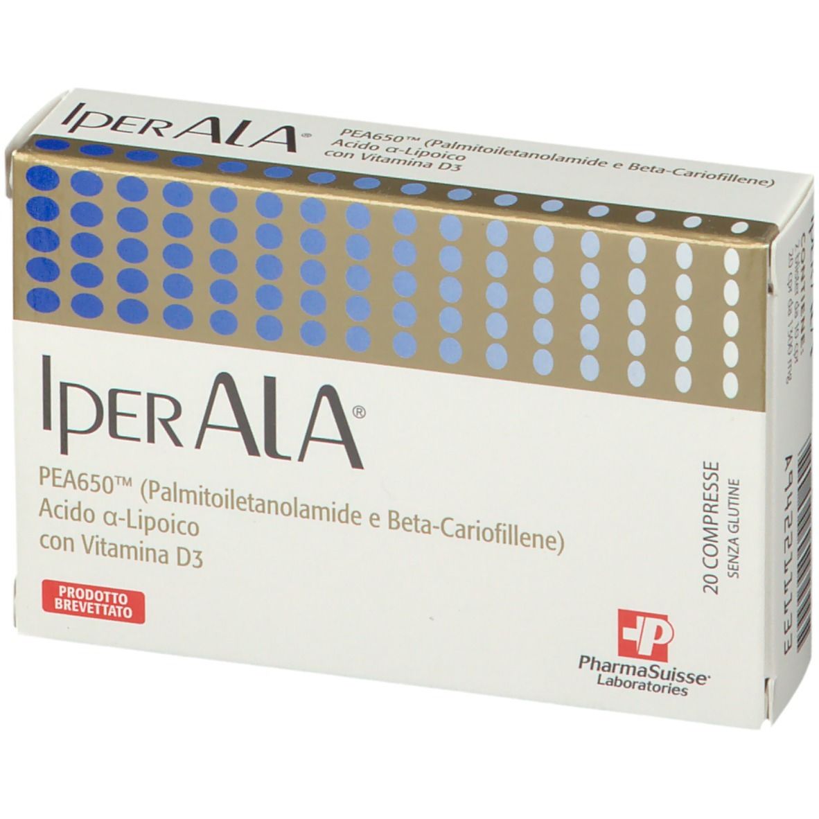 Scatola bianca con cerchi blu e strisce dorate. Scritta: IperALA, PEA650, Acido a-Lipoico, Vitamina D3. 20 compresse.