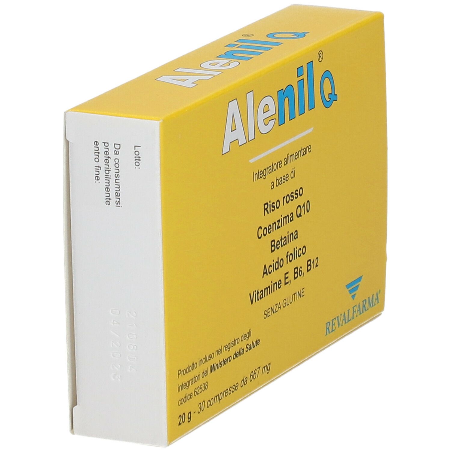 Scatola gialla Alenil Q® in diagonale. Ingredienti: riso rosso, coenzima Q10, betaina, acido folico, vitamine. Senza glutine. 30 compresse.