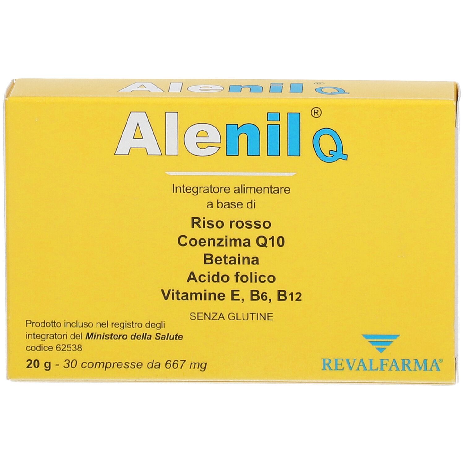 Scatola gialla Alenil Q®. Ingredienti: riso rosso, coenzima Q10, betaina, acido folico, vitamine. Senza glutine. 30 compresse.