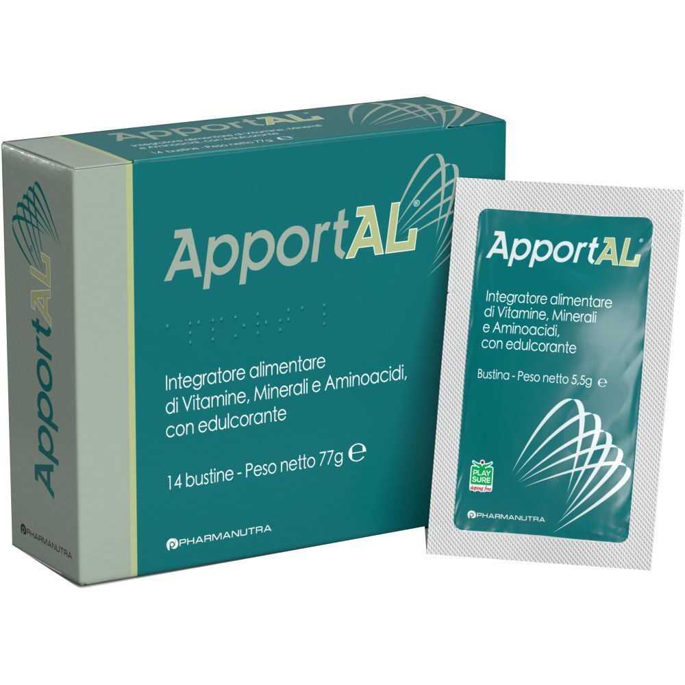 Scatola e bustina "ApportAL". Scritto: Integratore alimentare di Vitamine, Minerali e Aminoacidi, con edulcorante. 14 Bustine.