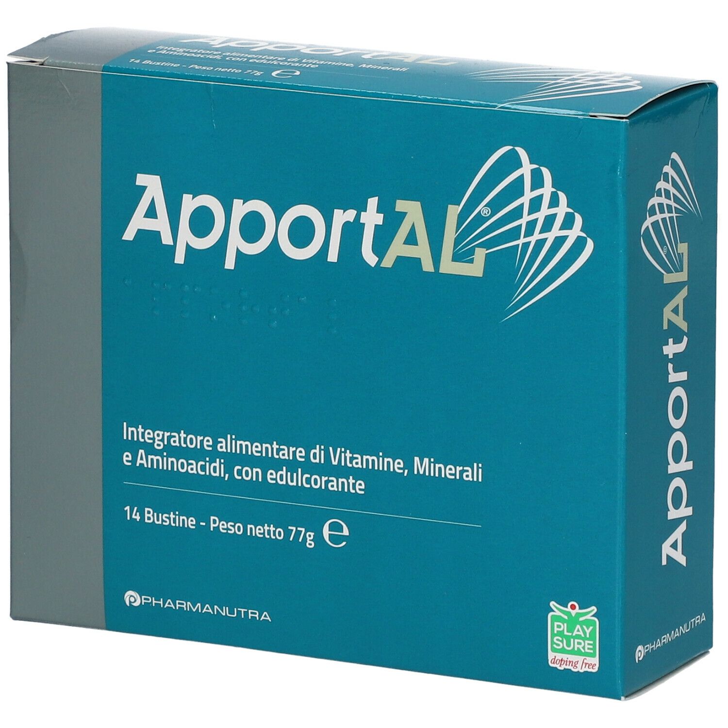 Scatola turchese con logo "ApportAL". Scritto: Integratore alimentare di Vitamine, Minerali e Aminoacidi, con edulcorante. 14 Bustine.