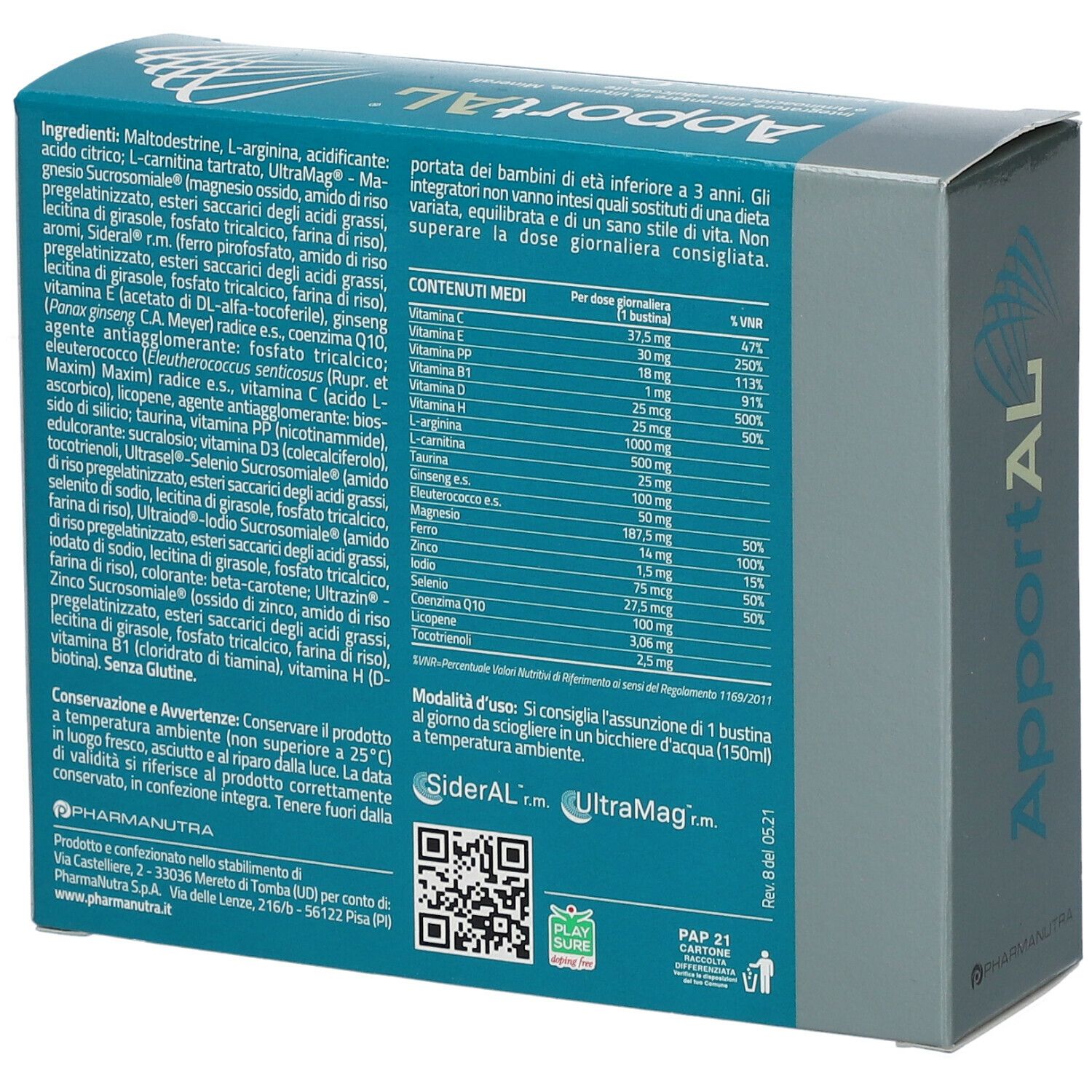 Retro della scatola "ApportAL". Contiene informazioni su ingredienti, valori nutrizionali e istruzioni per l'uso. Codice QR e logo.
