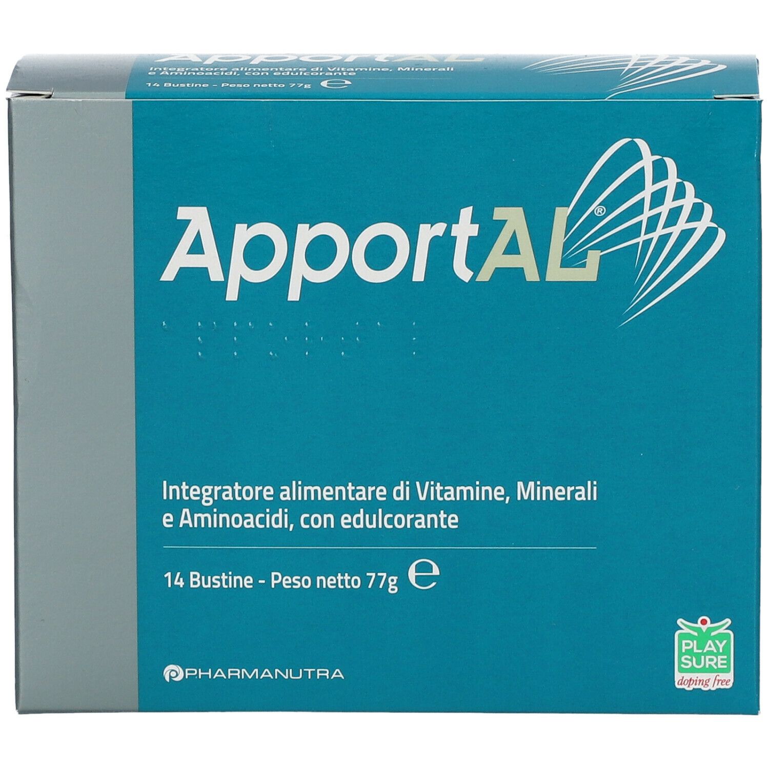 Scatola turchese con logo "ApportAL". Scritto: Integratore alimentare di Vitamine, Minerali e Aminoacidi, con edulcorante. 14 Bustine.