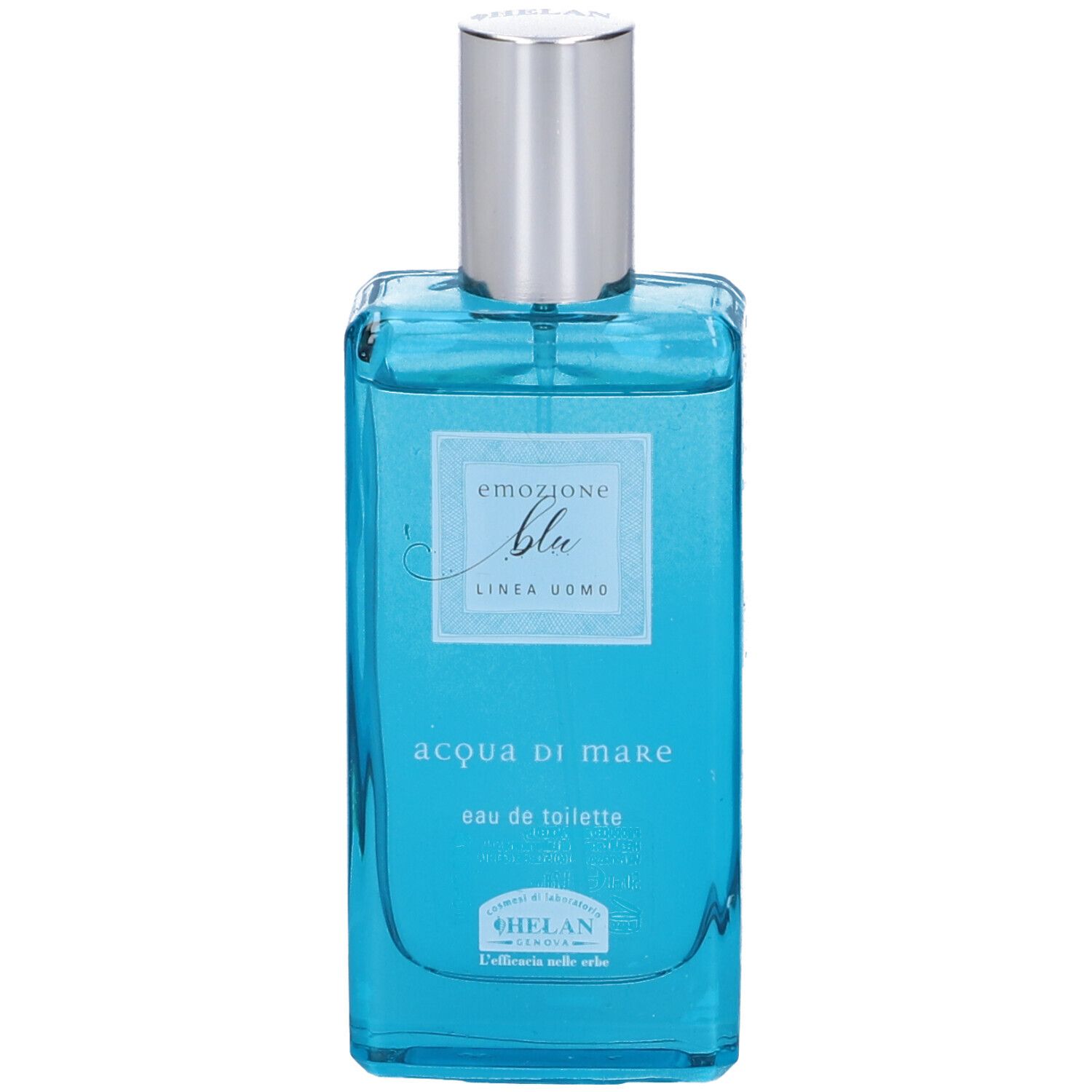 Flacone blu di eau de toilette con tappo argentato. Scritta: Emozione Blu, Acqua di Mare, Linea Uomo.