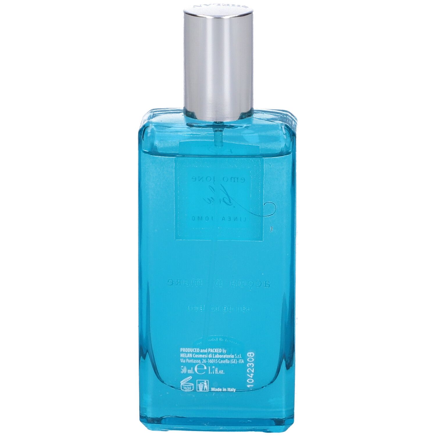 Flacone blu di eau de toilette con tappo argentato. Scritta: Acqua di Mare, Emozione Blu, Linea Uomo.
