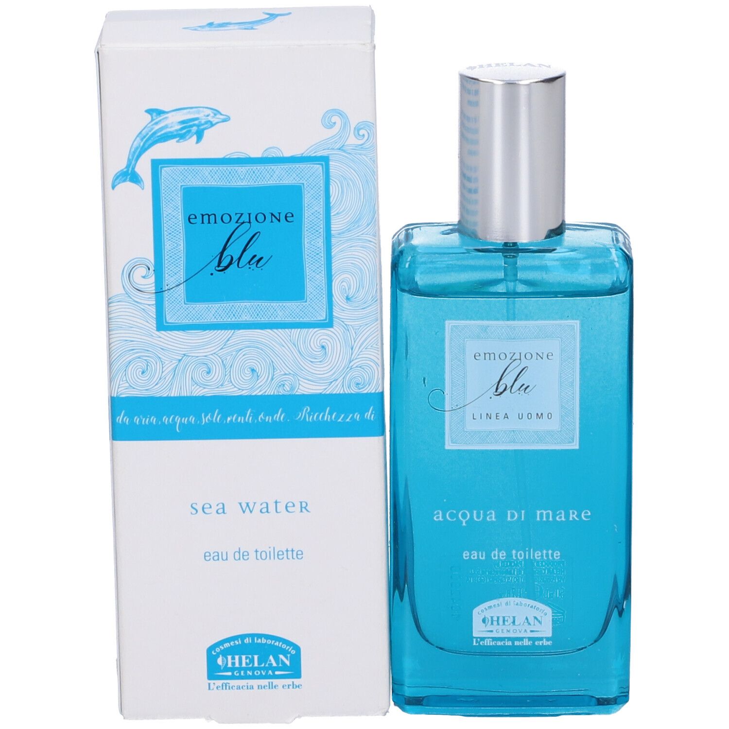 Flacone e confezione di eau de toilette. Scritta: Emozione Blu, Acqua di Mare, Sea Water. Marchio: Helan.