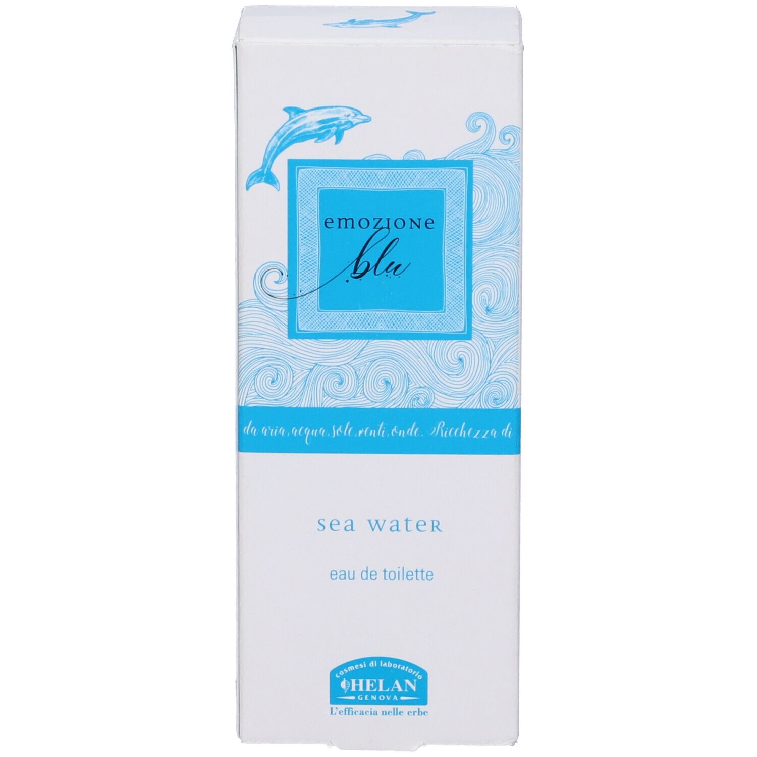 Confezione bianca con design blu. Scritta: Emozione Blu, Sea Water, Acqua di Mare, Helan.