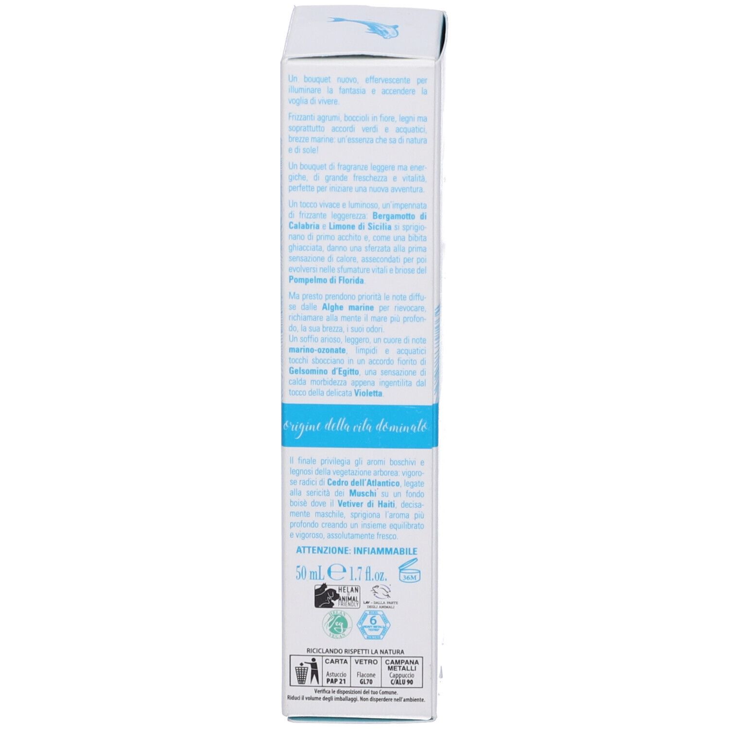 Confezione con testo. Scritta: Emozione Blu, Sea Water, Helan. Contiene informazioni sugli ingredienti e l'uso.