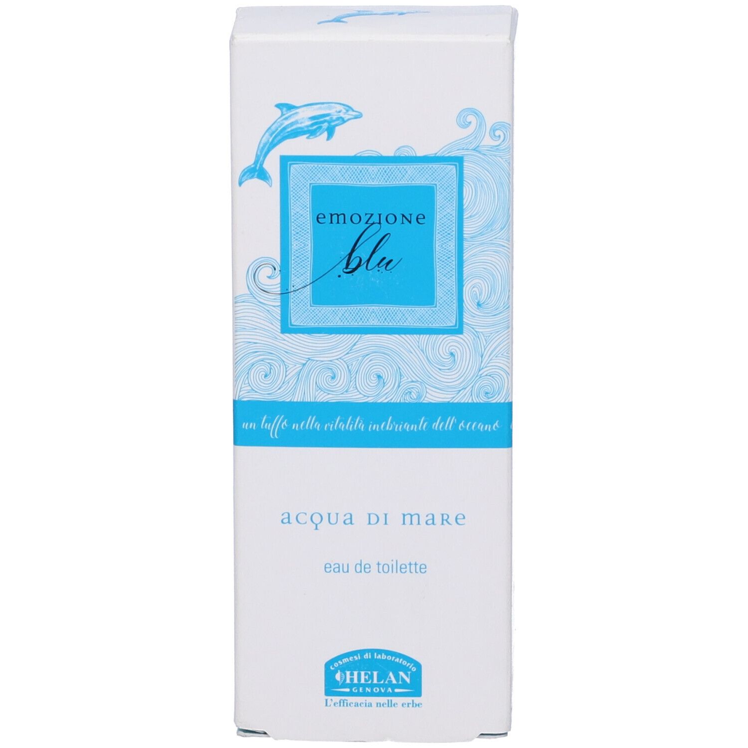 Confezione bianca con design blu. Scritta: Emozione Blu, Acqua di Mare, Helan. Contiene informazioni sul prodotto.