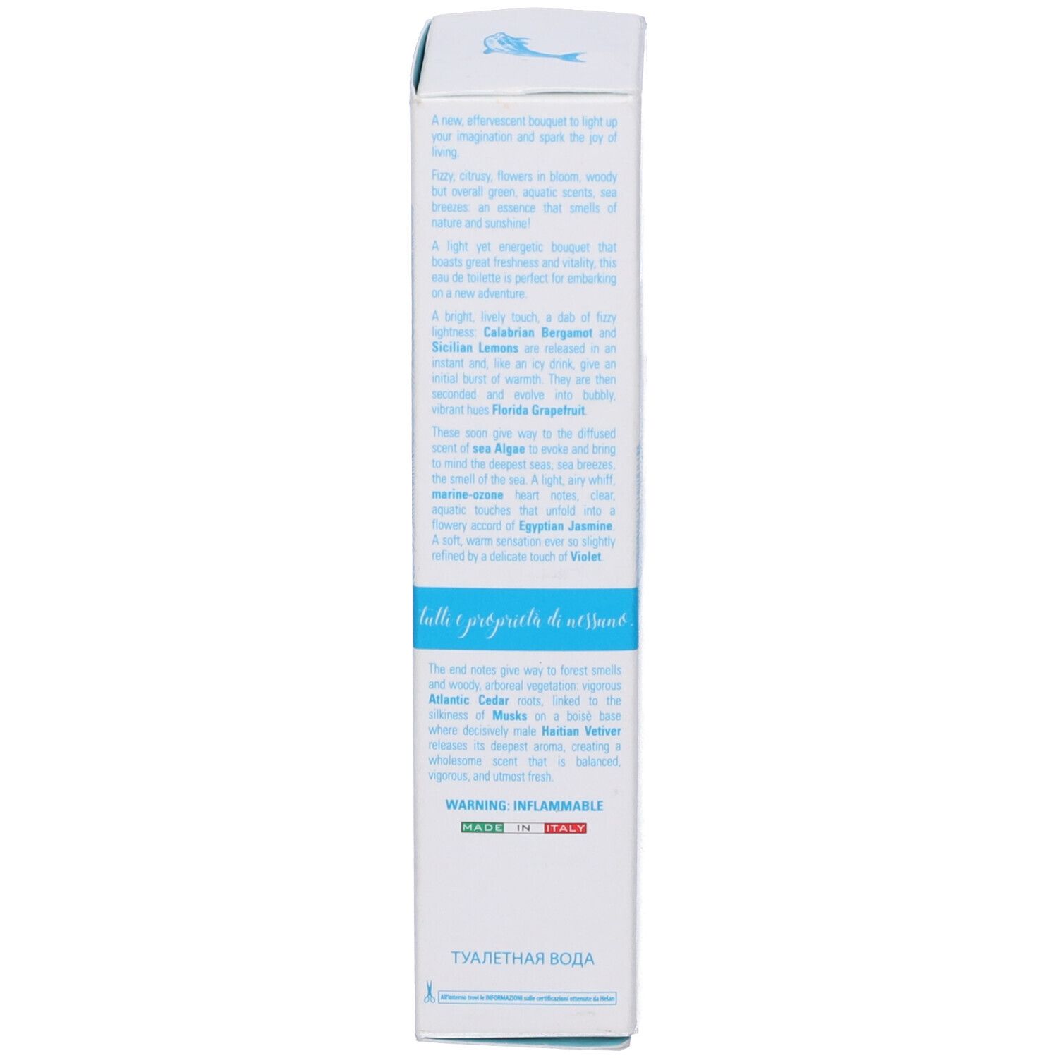 Confezione con testo. Scritta: Emozione Blu, Helan. Contiene descrizione del prodotto e avvertenze.